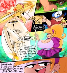 1boy 1girls attack big_breasts blonde_hair blush breasts breasts_bigger_than_head cleavage crossover dialogue dipper_pines disney disney_channel emotionless female gravity_falls injury male money nintendo ota_(artist) pacifica_northwest pheromosa pikachu pokémon_(species) pokemon pokemon_(species) pokemon_battle straight_hair