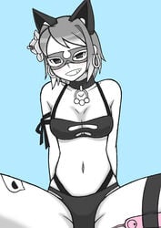 between_legs between_thighs bikini black_bikini black_cat_(the_battle_cats) black_swimsuit breasts cat_bell cat_ears collar eyewear flower_in_hair goggles grey_hair hibiscus looking_at_viewer naughty_face remote_control_vibrator smiling smiling_at_viewer swimsuit tagme the_battle_cats thigh_strap thighs vibrator vibrator_on_thigh