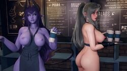 2girls 3d ahoge animated apron ass big_ass big_breasts blue_eyes blue_skin breasts demon demon_girl demon_horns fangs female female_only glowing_eyes green_eyes hi_res highres horn iced_latte_with_breast_milk irelia_xan league_of_legends meme milk mp4 multiple_girls naked_apron nipples no_sound pointy_ears ponytail ryanreos sinia succubus tagme tail video white_hair