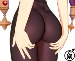 1girls ass ass_focus blender butt_focus genshin_impact holding_ass holding_butt leggings middlemansfm mona_(genshin_impact) purple_hair solo_female topless white_background