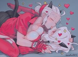 2demons 2girls blush breast_frottage breast_press clothing demon demon_girl demon_horns demon_tail french_kiss headpat heart-shaped_pupils helltaker horns justice_(helltaker) kissing modeus_(helltaker) multiple_girls noaharbre red_eyes straight_hair symmetrical_docking tail tears tongue tongue_out white_hair wholesome yuri