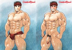 1boy abs black_hair blush chang_mai cowboy_shot crimsonblood erect_nipples facial_hair feet_out_of_frame flaccid_penis fundoshi male_only muscular_male nude original_character pecs penis pubic_hair rain raining red_headwear red_underwear scarletblood thai thailand