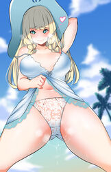 1girls 2021 beach belly_button blonde_hair blue_sky blush breasts dress dress_lift embarrassed fair-skinned_female fair_skin female female_focus female_only flashing_panties floating_heart green_eyes hat hi_res kenron_toqueen large_breasts large_hat light-skinned_female light_skin lillie_(pokemon) long_hair looking_at_viewer looking_down low-angle_view nintendo octoosr outdoors panties pokemon pokemon_sm pussy_juice pussy_juice_drip solo solo_female solo_focus thick_thighs thighs visible_breath wet_pussy white_panties