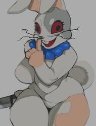 berseepon09 breasts bunny_ears curvaceous female female_only five_nights_at_freddy's five_nights_at_freddy's:_security_breach huge_breasts knife rabbit rabbit_costume red_eyes shushing smile thick_thighs thighs vanny_(fnaf)