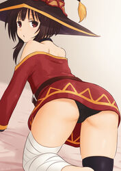 1girls ass bandage bandaged_leg belt black_panties choker hat kono_subarashii_sekai_ni_shukufuku_wo! looking_back megumin panties red_dress red_eyes sirokohi upskirt witch_hat