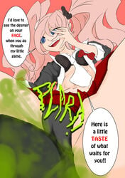 1girls black_panties blue_eyes danganronpa fart fart_cloud fart_fetish farting hand_on_face junko_enoshima panties pervdarkling_(artist) pink_hair skirt smile solo_female straight_hair text text_bubble twintails