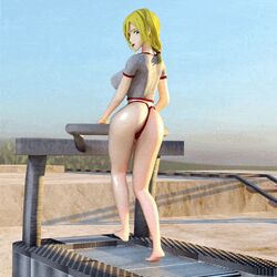 animated attack_on_titan big_ass big_breasts big_thighs bikini blonde_hair bouncing_ass bouncing_breasts christa_lenz feet fitness gif happy historia_reiss huge_ass huge_breasts huge_thighs lingerie looking_back outdoors sexually_suggestive shingeki_no_kyojin smile teeth tight_clothing treadmill walking white_fur workout workout_clothing