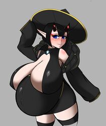 1girls blush breasts cleavage female female_only huge_belly huge_breasts johnofalltrades oni pregnant ready_to_pop solo