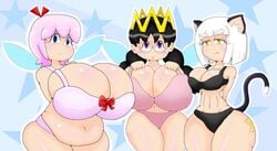 3girls black_hair cat_ears cat_tail catgirl chubby chubby_female crown fairy fairy_queen fairy_wings freckles gigantic_breasts glasses huge_breasts keke_(kirby) kirby_(series) kirby_64 kirby_64:_the_crystal_shards large_breasts plump queen_ripple ribbon_(kirby) round_glasses touhoufan twin_braids twintails underwear underwear_only wide_hips wings