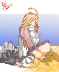 2girls ahoge akamatsu_kaede ass big_ass big_butt blonde_hair danganronpa facesitting fart fart_cloud fart_fetish farting farting_in_face green_hair looking_down multiple_girls panties pervdarkling_(artist) pink_panties purple_eyes short_hair skirt smile straight_hair toujou_kirumi yuri