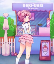 1girls abdl diaper doki_doki_literature_club eye_contact female female_only lazyblazy_(artist) natsuki_(doki_doki_literature_club) pink_eyes pink_hair pink_skirt solo