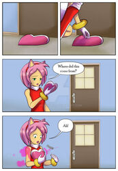 1girls amy_rose breast_expansion breasts clothing comic dialogue female female_only gigajule5 green_eyes humanized pink_hair sega short_hair solo solo_female sonic_(series) speech_bubble