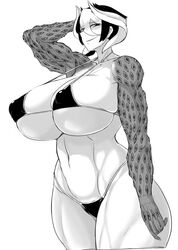 1girls big_breasts bikini body_markings enormous_breasts exabyte female female_only huge_breasts looking_at_viewer made_in_abyss micro_bikini monochrome muscular_female nipple_bulge ozen parallax05 short_hair smile solo swimsuit thick_thighs toned_female two_tone_hair wide_hips