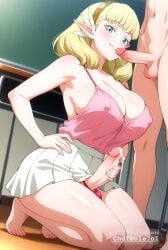 1boy 1futa ai_assisted ai_generated anime_screencap aqua_eyes bikini_top biting_own_lip blonde_hair blowjob breasts cleavage completely_nude_male cowboy_shot curvy detailed_feet dominant_futa dutch_angle dynamic_pose erect_cock erect_nipples full_body hair_ornament hairband hand_on_own_hip happy head_tilt large_breasts light_particles light_smile looking_at_viewer male_on_futa massive_tits masturbating medium_hair official_style oiled_skin parted_lips pink_dress pointy_ears portrait school screencap simple_background smile submissive_male