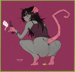beer half_naked long_hair peeing peeing_female pissing pissing_female rat_ears rat_girl rat_tail rattfood simple_background smoking smoking_cigarette tank_top