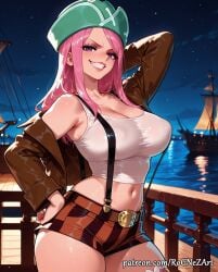 1girl 2026 ai_generated anime bare_shoulders belt boobs breasts brown_jacket cleavage covered_nipples crop_top crossover eye_contact female female_focus grin hand_on_hip hat highres huge_breasts jacket jewelry_bonney large_breasts long_hair looking_at_viewer midriff navel night nsfw off_shoulder one_piece outdoors patreon patreon_logo patreon_username pink_hair purple_eyes rognezart shirt short_shorts shorts sky smile smiling solo suspenders tank_top thick_thighs thighs very_long_hair water watercraft wet white_tank_top