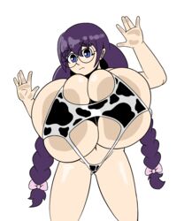 against_glass bikini braided_hair breast_press breasts breasts_on_glass cow_print glasses huge_breasts king_melon kingmelon long_hair original original_character purple_hair