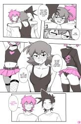 1girl2boys 1girls 2boys 2boys1girl alternate_costume bulge bulge_through_clothing choker comic crossdressing crossdressing_male dross fantasizing femboy fishnet_legwear fishnets hoodie hugging jacob_(dross) nervous pink_hair roxanne_(dross) sweat sweating tagme tank_top taylor_(dross) thigh_highs thighhighs
