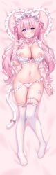 absurdres animal_ear_fluff animal_ears arm_up armpits ass_visible_through_thighs bandaid bandaid_on_leg bandaid_on_pussy barefoot bed_sheet bell blush bow bow_panties bowtie bra breasts_out cat_ears cat_girl cat_tail cellphone dakimakura_(medium) detached_collar detached_sleeves female fingernails frilled_bra frilled_panties frilled_thighhighs frills from_above full_body hair_bell hair_ornament hairbow head_on_pillow heart heart-shaped_pillow highres jingle_bell long_fingernails long_hair looking_at_viewer lying maid_headdress nail_polish navel nipples nude on_back on_bed open_bra original panties panty_pull phone pillow pink_bow pink_bowtie pink_hair pink_nails purple_eyes shiono_(0303) short_sleeves single_thighhigh skindentation sleeves_past_wrists smartphone solo tail tail_bell tail_bow tail_ornament thigh_gap thigh_strap thighhighs twintails underwear very_long_hair white_panties white_thighhighs