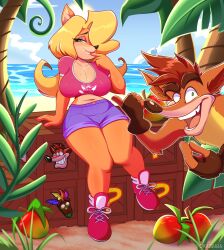 1boy 1girls alternate_version_available anthro bandicoot beach biting_lip blonde_hair blush cleavage clothed crash_(series) crash_bandicoot crate crop_top curvy eyeshadow female finger_to_mouth furry green_eyes hair_over_one_eye half-closed_eyes large_breasts long_hair male mole_on_breast ocean okasaira shorts smile tawna_bandicoot voluptuous wumpa_fruit