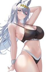1girls animal_ears black_bra blue_eyes female female_only gray_hair long_hair musicatopos oguri_cap_(umamusume) umamusume umamusume_pretty_derby