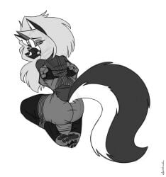 ankles_tied anthro arms_tied bdsm bondage bound bound_and_gagged boxtie breasts butt canid canid_demon canine canis demon female frogtied hands_tied hellaverse hellhound helluva_boss hi_res kneeling legs_tied looking_back loona_(helluva_boss) mammal monochrome mythological_canine mythological_creature mythology nipples nude raised_tail restraints rope rope_bondage rope_harness solo spiderweber submissive submissive_female tail wolf