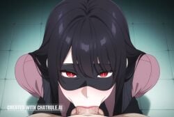 1girl ai_assisted ai_generated anime_screencap balls_deep black_hair bright_pupils deep deepthroat dominated facing_viewer hands_behind_back high_quality highres lipstick long_hair mature_female petite_body pov red_eyes ripped_clothes sitting_on_knees skinny slit_pupils small_breasts small_tits tiny_tits young