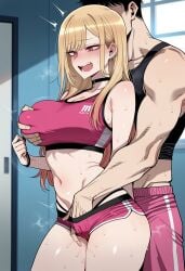 1boy 1girl ai_generated bare_shoulders black_choker black_hair black_panties black_sports_bra blonde_hair blush bracelet breasts choker cleavage clothing covered_nipples crop_top dolphin_shorts ear_piercing earrings female fingering grabbing grabbing_another's_breast grabbing_from_behind groping hetero indoors jewelry kitagawa_marin large_breasts locker locker_room long_hair male marin_kitagawa micro_shorts midriff multicolored_hair muscular navel nyanclaire open_mouth panties piercing pink_pants pink_shorts pink_sports_bra pussy_juice red_eyes short_hair short_shorts shorts sono_bisque_doll_wa_koi_wo_suru sports_bra sweat thighs through_clothes underwear
