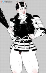1girl armor black_hair blush breastplate clitoral_hood clitoris club_(weapon) commentary cowboy_shot dou dungeon_meshi ear_blush english_commentary erect_clitoris freckles halftone halftone_background holding holding_club holding_weapon horns inutade japanese_armor japanese_clothes kanabou kimono kusazuri lips looking_at_viewer low_twintails missing_tooth mole mole_on_neck mole_on_thigh mole_under_eye monochrome no_panties oni patterned_clothing philipsmitheros pussy short_kimono shoulder_armor skin-covered_horns sode solo spiked_club spot_color thick_eyebrows toned toned_female tsurime twintails wavy_hair weapon
