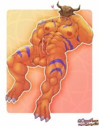 3_toes 5_fingers abs anthro anthrofied balls bandai_namco barazoku biceps big_balls big_muscles calf_muscles claws digimon digimon_(species) digital_media_(artwork) dinosaur erection feet fingers genitals greymon heart_symbol hi_res horn humanoid_genitalia humanoid_penis looking_at_viewer male muscular muscular_anthro muscular_male nipples nude orange_body ougon pecs penis prehistoric_species red_eyes reptile scalie simple_background solo toe_claws toes tongue trapezius