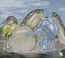alligator alligatorid anthro big_butt blush bodily_fluids butt crocodilian dominant dominant_male duo electronics for_a_head gabsimmons_art gatordile_girl genital_fluids genitals glistening glistening_body hi_res huge_butt humanoid humanoid_genitalia humanoid_penis hyper hyper_butt lake looking_back male male/male muscular muscular_male object_head penis precum reptile scalie screen screen_face screen_head sex size_difference smile submissive submissive_anthro television tv_head water wet