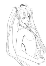 cao-cao female hatsune_miku long_hair medium_breasts monochrome necktie solo twintails vocaloid