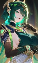 ai_generated armpits big body breasts curvy eyes figure genshin_impact green hair legs nefer_(genshin_impact) pose sexy sideboob thick thighs