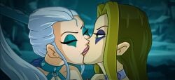 2girls brown_hair darcy_(winx_club) high_ponytail icy_(winx_club) kissing magixxx_conquest sidgaming white_hair winx_club
