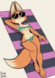 4_fingers 4_toes absurd_res anthro bikini bikini_aside bikini_bottom bikini_top breasts canid canine clothing clothing_aside diane_foxington dreamworks eyewear feet female fingers fox fur genitals hi_res hindpaw humanoid_hands kingdorkster lying mammal nipples on_back orange_body orange_fur paws pink_nose solo sunglasses swimwear swimwear_aside the_bad_guys toes two-piece_swimsuit vulva