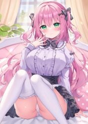 1girl bed bedroom blush braid braided_hair breasts curtains dress frilled_dress frilled_skirt frilled_thighhighs frills hair_ornament hair_ribbon highres jirai_kei large_breasts long_hair on_bed original panties pink_hair shiono_(0303) sitting skirt straight_hair thighhighs tied_hair twintails