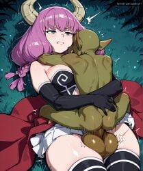 1boy 1boy1girl 1girl 1girls annoyed aura_(sousou_no_frieren) clothed_female_nude_male clothed_sex embrace frieren_beyond_journey's_end goblin goblin_male hug huge_balls penetration rough_sex sex smaller_male sousou_no_frieren testicles tsundere
