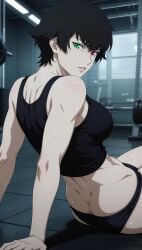 abs accurate_art_style ai_generated big_breasts black_hair devil_may_cry_(series) gym heterochromia lady_(devil_may_cry) lady_(devil_may_cry:netflix) lips panties short_hair solo teasing tomboy