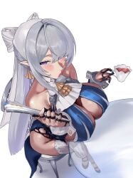 cup grdrawww looking_at_viewer puckered_lips sitting velina_(zenless_zone_zero) velina_airgid white_background wide_hips zenless_zone_zero