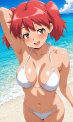 1girl ai_generated arm_up armpit bare_legs beach bikini bikini_bottom bikini_top blush breasts brown_eyes curvy day groin keroro_gunsou legs looking_at_viewer medium_breasts natsumi_hinata ocean pink_hair sand sea sexy sgt._frog smile teenage teenage_girl teenager twintails white_bikini white_bikini_bottom white_bikini_top