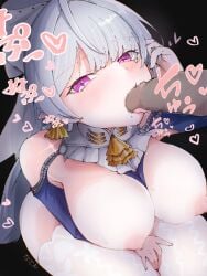 1girl ascot breasts censored commentary_request fellatio grey_hair hetero highres large_breasts long_hair mole mole_under_mouth mosaic_censoring nadeko03 nipples oral penis pointy_ears purple_eyes solo_focus textless_version thighhighs velina_airgid very_long_hair white_thighhighs yellow_ascot zenless_zone_zero