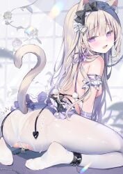 1girl ame_usari ankle_cuffs ass blush breasts cameltoe cat_ears cat_girl cat_tail catgirl choker clothed collar cuffed cuffs cum cum_on_ass dress earrings from_behind gloves gray_hair hairband highres lace lace-trimmed_panties lace_panties lace_trim long_hair maid maid_bikini maid_headdress nekomimi nipples original panties panties_under_pantyhose pantyhose see-through see-through_pantyhose sideboob sitting small_breasts straight_hair tied_hair topless torn_pantyhose twintails white_hair
