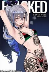 1girl ai_generated anime artist:basicallynomore blacked female honkai:_star_rail looking_at_viewer pan-african_flag_bikini pan_african_colors pubic_tattoo qos qos_tattoo queen_of_spades queen_of_spades_symbol queen_of_spades_tattoo silver_wolf_(honkai:_star_rail) tattoo tattoos white_skin