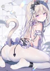 1girl ame_usari ankle_cuffs ass bikini_top blush breasts cameltoe cat_ears cat_girl cat_tail catgirl choker clothed collar cuffed cuffs dress earrings from_behind gloves gray_hair hairband highres lace lace-trimmed_panties lace_panties lace_trim long_hair maid maid_bikini maid_headdress nekomimi original panties panties_under_pantyhose pantyhose see-through see-through_pantyhose sideboob sitting small_breasts straight_hair tied_hair twintails white_hair