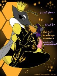 3:4 absurd_res ambiguous_gender anthro aphrodisiac aphrodisiac_gas arthropod bee bodily_fluids canid canine canis crown dialogue duo genital_fluids genitals gynomorph headgear hi_res hymenopteran hypnosis hypnotic_visor insect intersex latex mammal mind_control orgasm_denial penis pheromones pollen precum sobertodef stinger throbbing throbbing_penis wings wolf