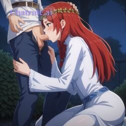 1girl ai_assisted ai_generated big_butt black_pants blowjob blue_shirt blush braid clothed clothing couple deep_throat fellatio female from_side girl girly green_eyes head_wreath hera kneeling long_hair night oral outdoors red_hair short_hair small_breasts spreading_legs squating sucking_penis white_dress white_leggings whore younger_female