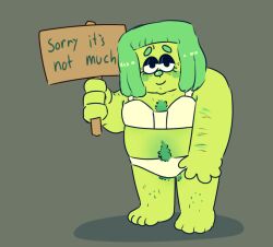 blushing bra bulky cl0ckability conjoined_eyes deltarune digital_drawing_(artwork) digital_media_(artwork) green_(deltarune) green_hair green_skin hairy happy_trail holding_sign panties suggestive