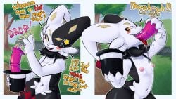 16:9 4k absurd_res anthro black_body black_fur black_nose blush bodily_fluids breasts cheek_tuft claws clothing deep_throat detailed_background dialogue dildo dildo_in_mouth dildo_insertion dupin_(pal) english_text facial_tuft female fur hat headgear headwear hi_res jester kurotodraw looking_at_viewer magic_trick magician markings multicolored_body multicolored_fur navel neck_tuft nipples one_eye_closed oral oral_penetration pal_(species) palmorph palworld penetration pocketpair red_body red_fur red_markings saliva sequence sex_toy sex_toy_in_mouth sex_toy_insertion sharp_teeth shortstack small_breasts smile smiling_at_viewer solo teeth text tongue tongue_out top_hat tuft white_body white_fur widescreen wink yellow_eyes yellow_markings