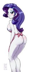 apron ass blue_eyes equestria_girls female looking_at_viewer looking_back my_little_pony nipple_slip nipples nude purple_hair rarity_(eg) sideboob solo sparityqueen tagme white_background white_skin