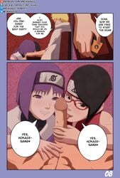 1boy 2girls age_difference black_eyes black_hair blue_eyes blunt_bangs boruto:_naruto_next_generations cape cellphone chapter_2 clothed_sex comic dialogue english_text erection fellatio female ffm ffm_threesome glasses holding_object kakei_sumire licking licking_penis male male_pov matching_hair/eyes mrchungus multiple_girls naruto naruto_(series) naughty_face older_male older_man_and_teenage_girl oral page_8 penis penis_grab penis_on_face pov purple_eyes purple_hair right_to_left sarada_uchiha shirtless smile speech_bubble story teenage_girl teenager text threesome uzumaki_naruto yellow_hair younger_female